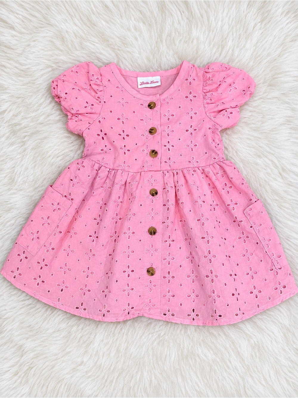Little Lass Pink Eyelet Button-Down Puff Sleeve Dress